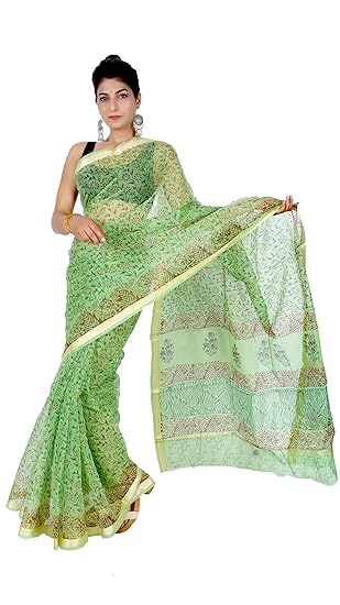 NIKHILAM Womens Kota Doria Pure Cotton Saree With Blouse Piece (KDSA_014_Green)