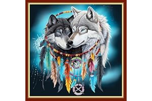 Findvoor Stamped Cross Stitch Kits for Beginners Full Range of Cross Stitching Embroidery Pattern for Kids or Adults, 11CT DIY Needlepoint Embroidery Starter Kits-Wind Chime Wolf 17.7x17.7 inch