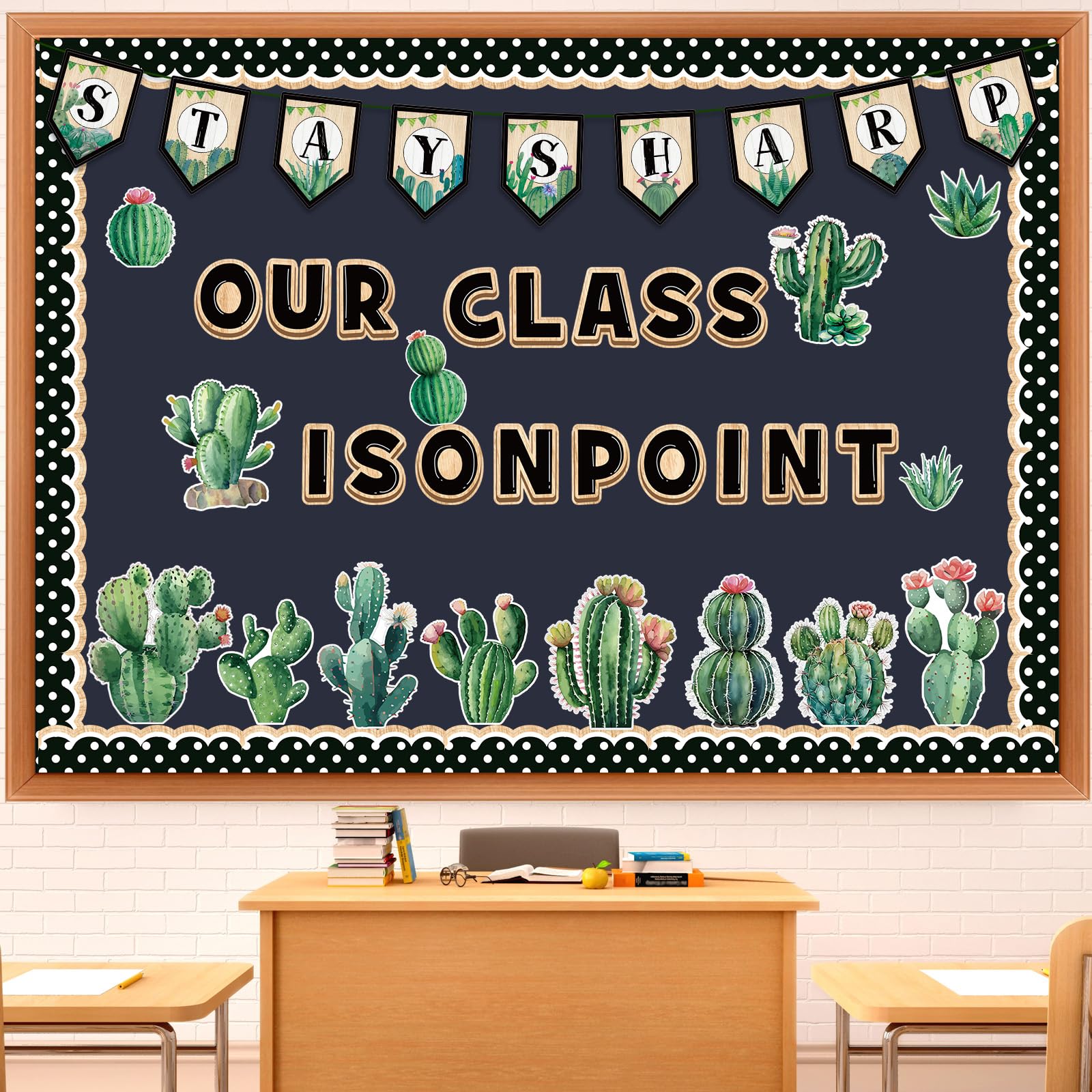 Photo 1 of Qilery 64 Pcs Cactus Bulletin Board Set Greenery Classroom Decoration Stay Sharp Our Class Is on Point Cactus Bulletin Board Cutouts for Elementary Greenery Classroom Decor