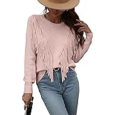 Leyoutx Women's Casual Crewneck Fringe Tassels Crochet Long Sleeve Knitted Fall Sweater Pullover Tops