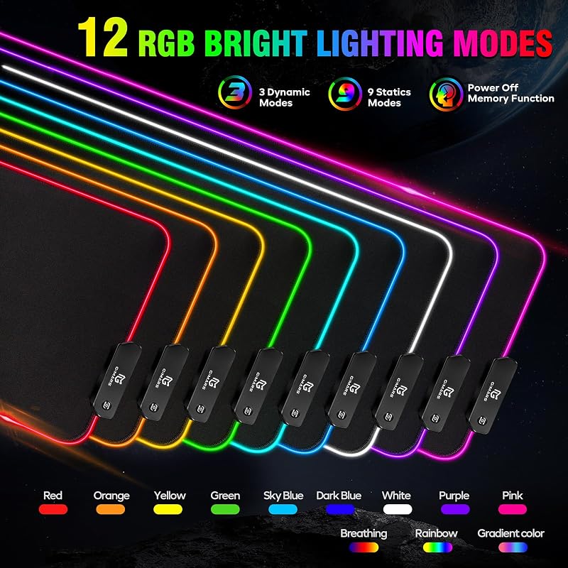 Gaming Mauspad, 12 LED Beleuchtungsmodi RGB Mousepad XXL, 800x300x5mm, Groß Desk Mat Gaming Zubehör mit wasserdichte Oberfläche, 5mm Rutschfester Gummifuß für PC Tastatur