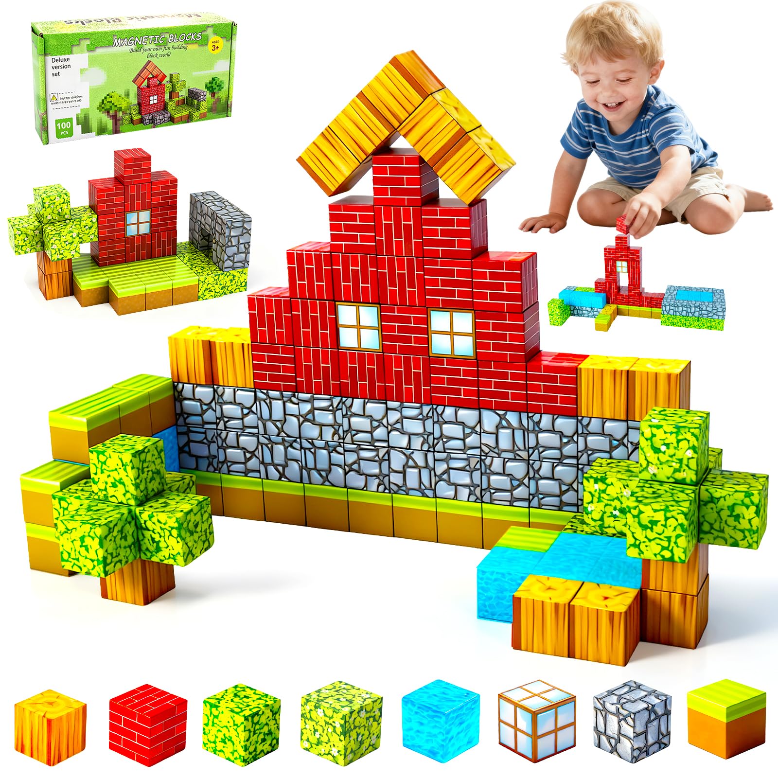 Magnetic Building Blocks Set for Kids Age 3+, 100 Pieces STEM Sensory Educational Toys, Preschool Learning Play Game, Christmas Birthday Presents Travel Toys for Boys Girl Gifts