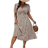Floerns Women's Plus Size Twist Front V Neck Midi Dress Short Sleeve A Line Dresses