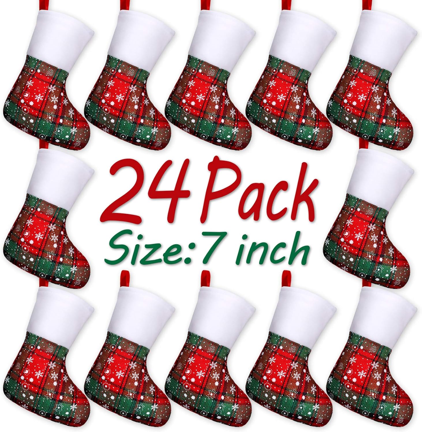 Stockings & Holders - LimBridge Christmas Mini Stockings, 24 Pack 7 inches Plaid Snowflake Print with Fleece Cuff, Rustic Stocking Decorations for Whole Family