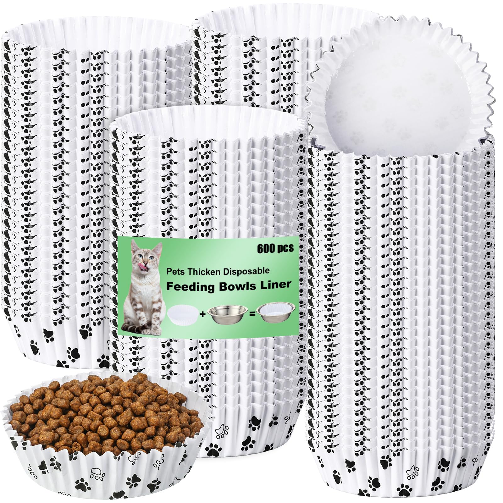 Photo 1 of meekoo 600 Pcs Large Pet Disposable Feeding Bowls Liner Bulk Cat Food Bowls Small Paper Dish Paper Liner for Small Dogs Cats Dish Wet Food Feeding Station(White,Paw)
