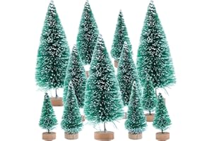 INHEMING 12 Pcs Mini Christmas Trees, 4 Sizes Miniature Pine Trees, Sisal Snow Trees with Wood Base, Artificial Christmas Bottle Brush Trees for DIY Fairy Garden, Xmas Party, Desktop Decor