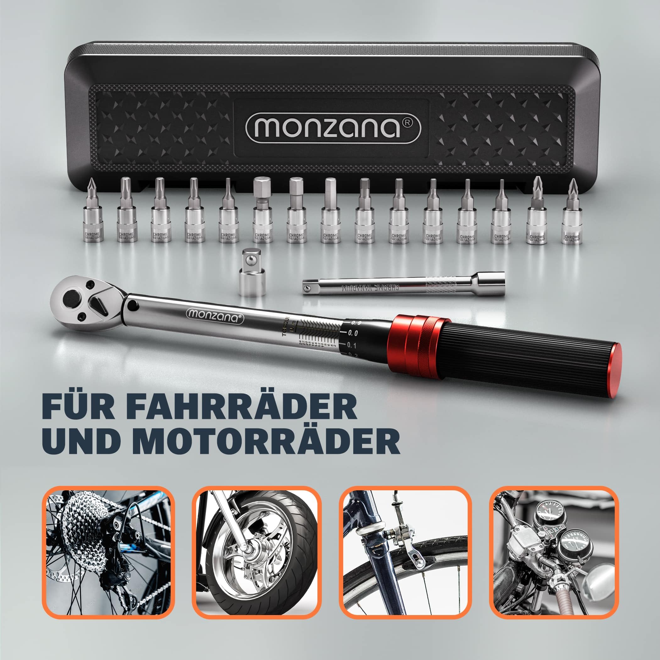 Monzana® Drehmomentschlüssel Fahrrad 18 tlg. Set 1/4 Zoll 1-25 NM ±3% CV-Stahl Verlängerung Transportbox Hochwertiges Bitset Werkzeug Motorrad 7