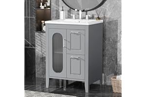 LUMISOL 24" Bathroom Vanity with Sink, Single Bathroom Cabinet with 2 Drawers and Glass Door, Free Standing Bathroom Vanities with Ceramic Basin, Grey