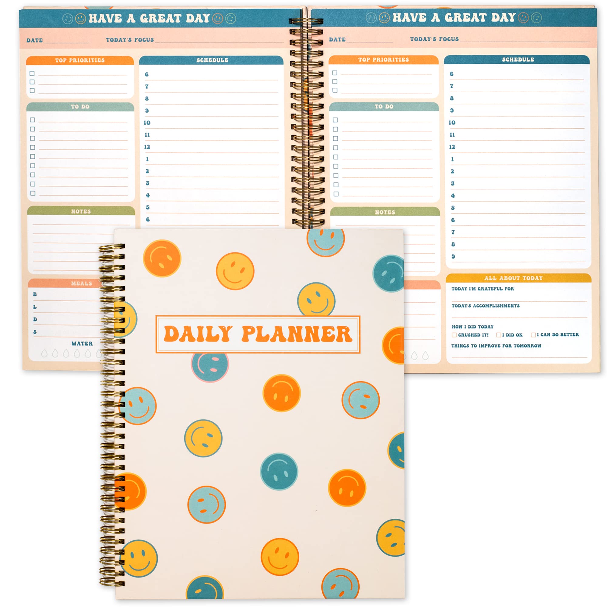 Happy Face Daily Planner, Cute Stationery Large A4 Undated Planner, To-Do List Spiral Notebook, Retro Aesthetic Back to School Supplies