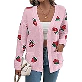 Women's Strawberry Cardigan Sweater Printed Long Sleeve Open Front Knit Cardigans with Pockets