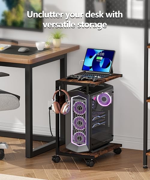 AKXOMEL 2 TIER COMPUTER TOWER STAND WITH CHARGING STATION, 11.8″ D X 16.5″ W ROLLING FLOOR PC TOWER STAND FITS UNDER DESK, CPU HOLDER CART FOR CARPET WITH HOOKS, C SHAPED END TABLE FOR HOME OFFICE