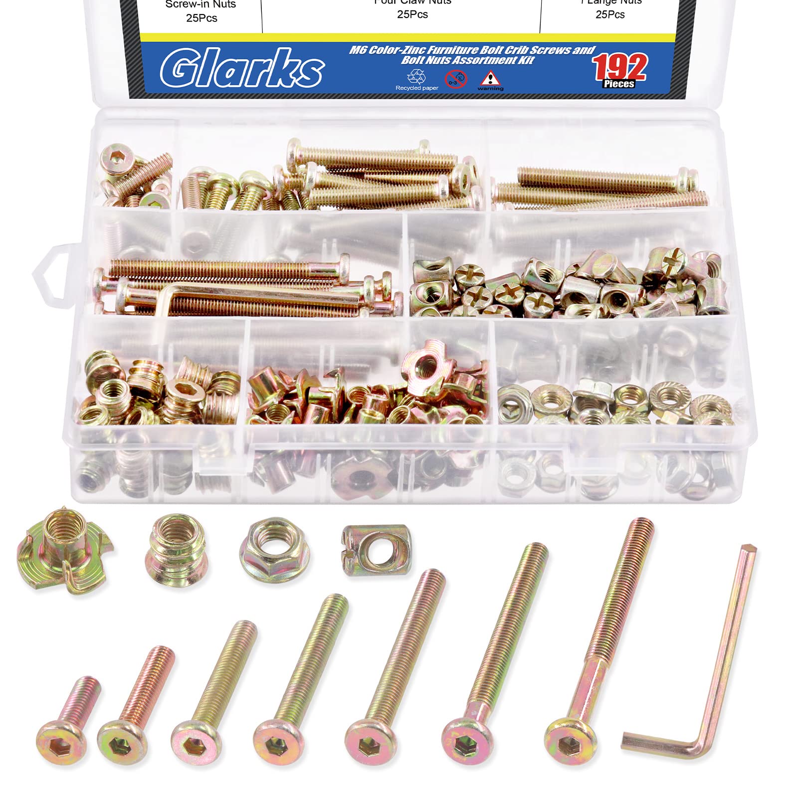 Glarks 192Pcs Baby Bed Crib Screws Bolts Set - M6 Hex Socket Head Cap Screws, Barrel Nuts, Threaded Inserts, T-Nut, and Hex Wrench for Wood, Rock Climbing Holds, Cabinetry, Furniture