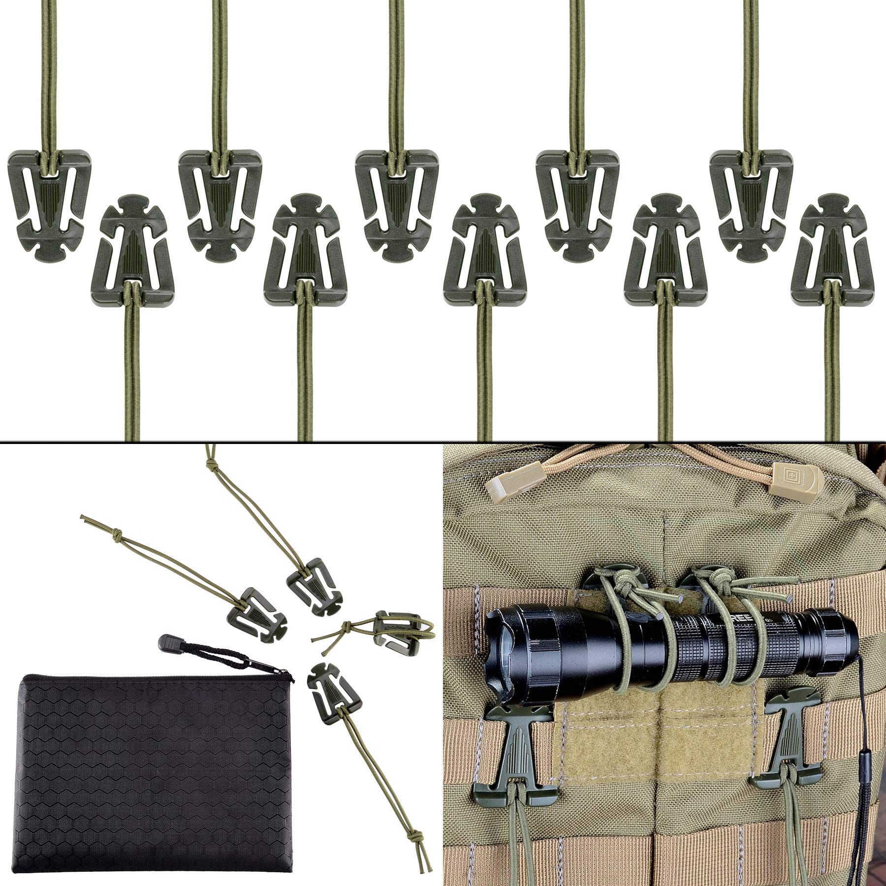 BOOSTEADY Pack of 10 Tactical Gear Clip Molle Web Dominators for Outdoor Hydration Tube Backpack Straps Management with Zippered Pouch