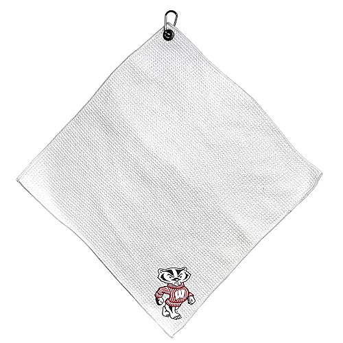 Team Golf NCAA WISCONSIN Microfiber Towel - 15" X 15" (White) Team Golf NCAA Microfiber Towel - 15" X 15" (White) With Carabiner Clip, Premium Microfiber with Deep Waffle Pockets- Superior Water Absorption and Quick Dry Golf Cleaning Towel