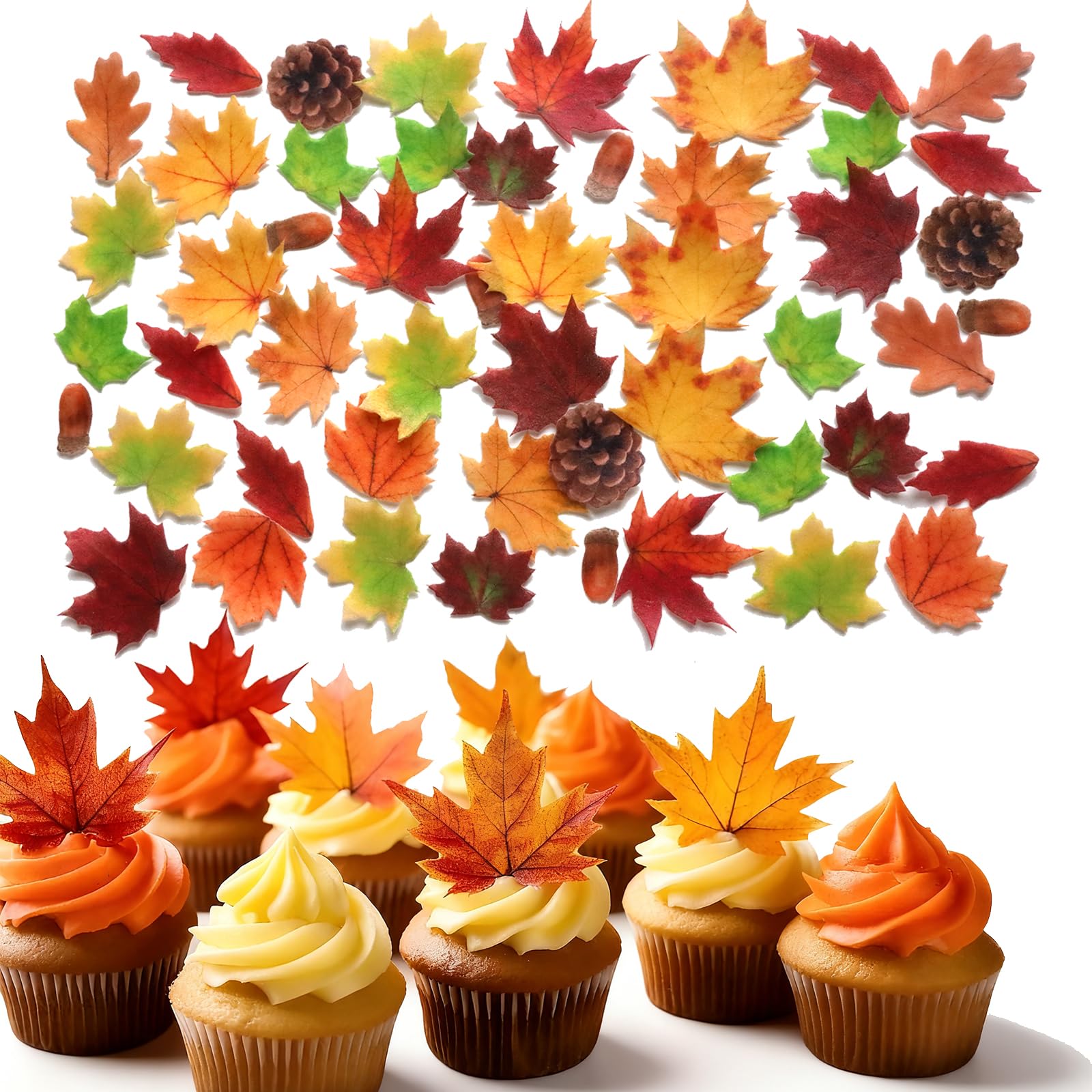 Photo 1 of 50 Pcs Edible Cupcake Toppers Cake Decorations Wafer Paper Maple Leaves & Pine Cones for Wedding Cakes Birthday Harvest Season Cake Decor (Brown&Yellow&Green)