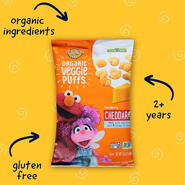 EARTH’S BEST ORGANIC VEGGIE PUFFS FOR TODDLERS 2 YEARS OLD AND UP, CHEDDAR FLAVOR, 1.55 OUNCE BAG