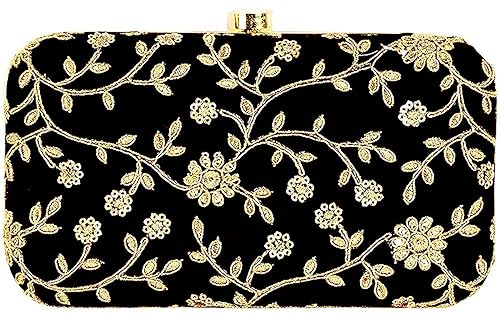 RevaCraft Handicraft Party Wear Hand Embroidered Box Clutch Bag Purse For Bridal, Casual, Party, Wedding (Black)