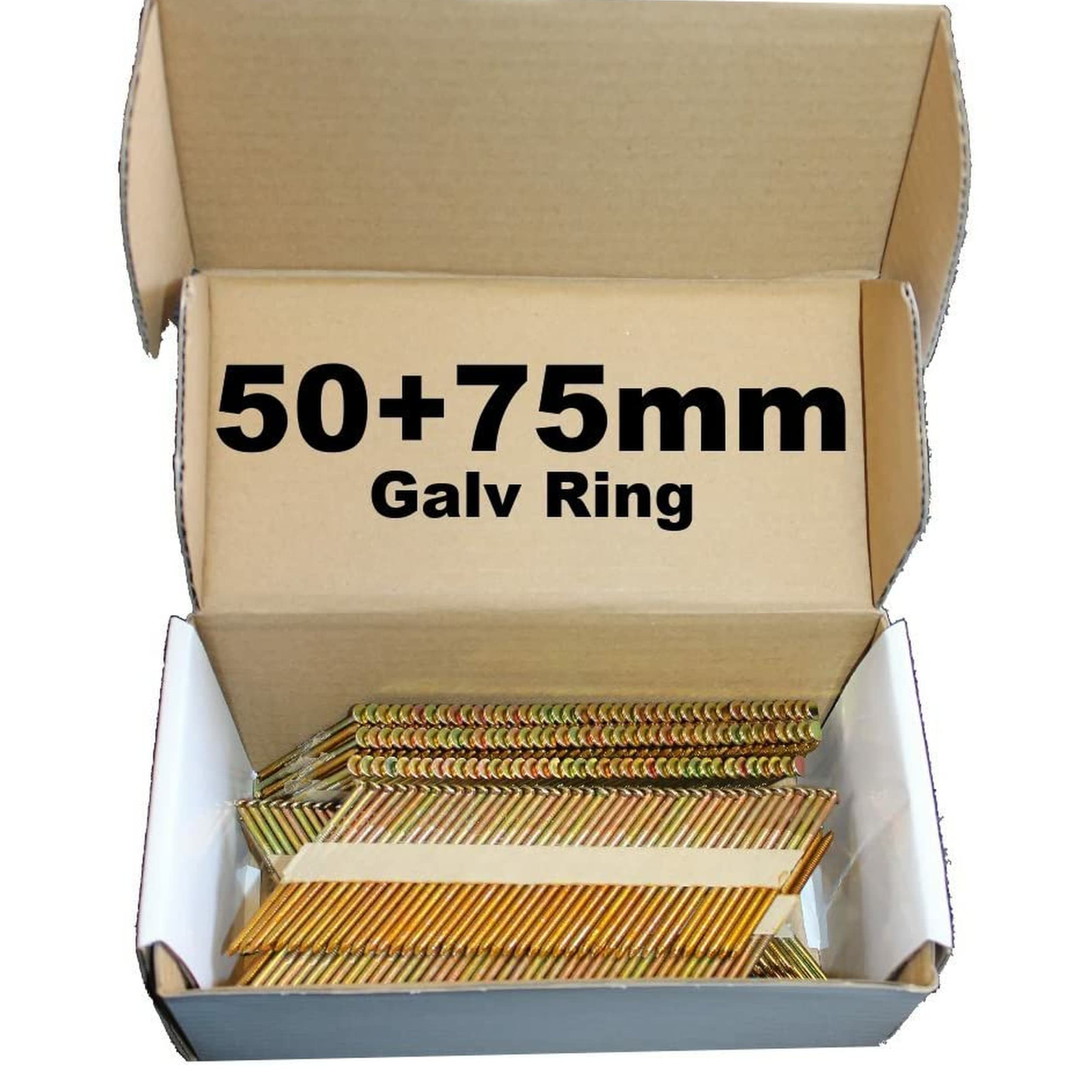 Mixed Pack 500 x 50mm Galv Ring + 500 x 75mm Galv Ring Framing Nails,Clipped D-Head, for DEWALT 18v Cordless DCN692