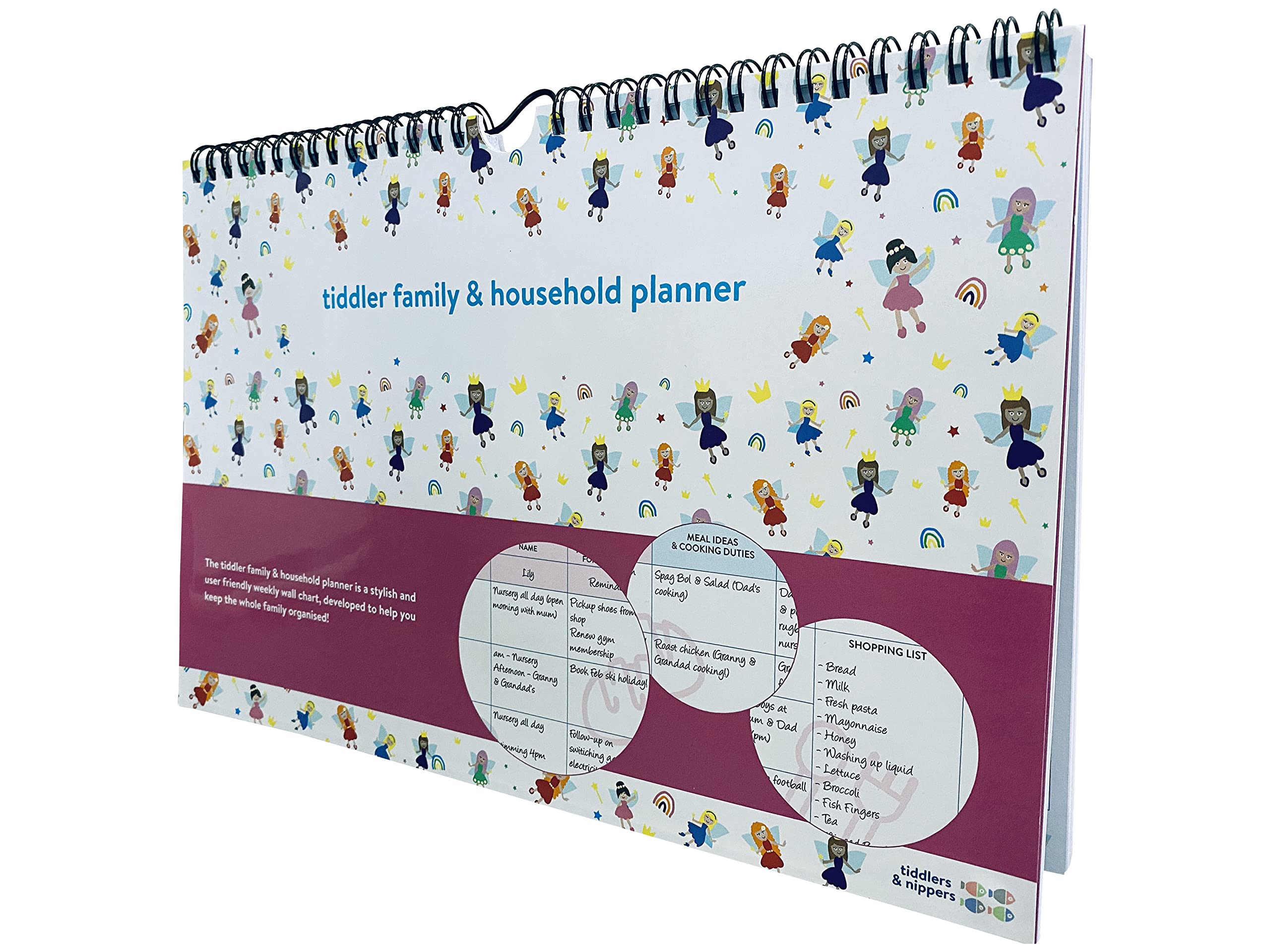 tiddler Family & Household Planner | Undated Weekly Family Organiser/Planner Calendar | Clever Layout in A4 Size | Space for 6 People & 1 Years Planning | Packed with Useful Features (Fairies Design)