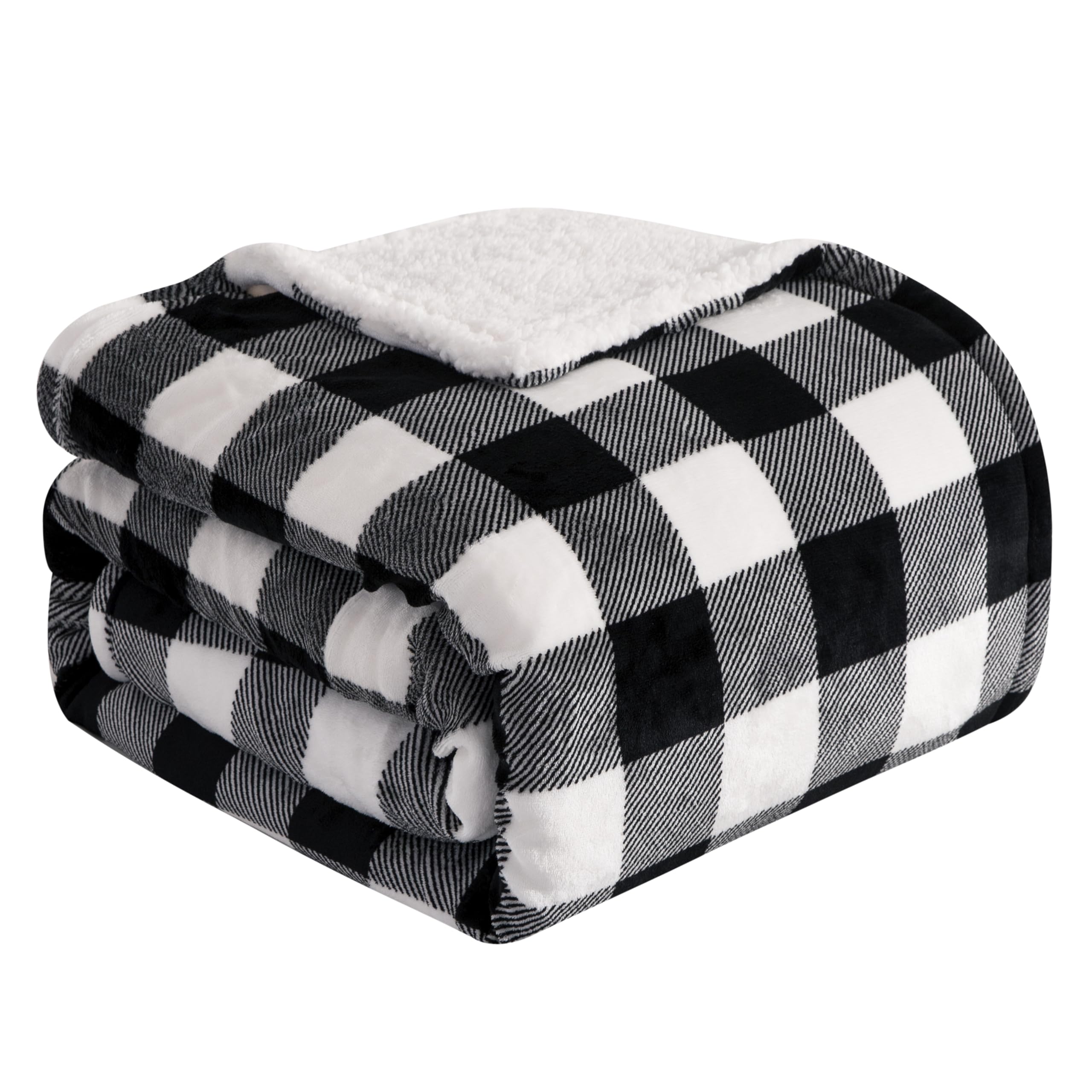 Elegant Comfort Ultra Soft Reversible Buffalo Plaid Flannel Sherpa Blanket - Cozy Silky Checkered Fleece Throw for Couch, Bed - Plush Fuzzy Warm Winter Blanket for Gift, Twin, Black Image