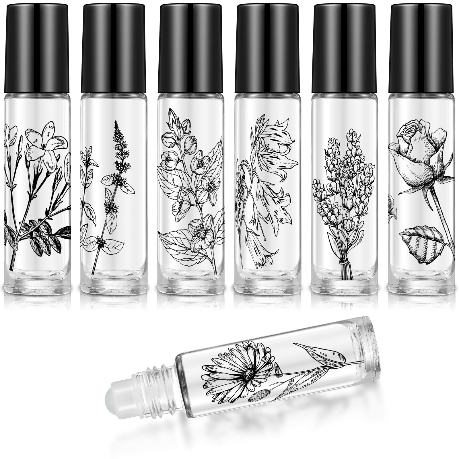 Photo 1 of 10 Pieces Essential Oil Roller Bottles 10 ml Empty Roller Bottles for Essential Oils Lip Oil, Glass Refillable Oil Container Printed with Patterns