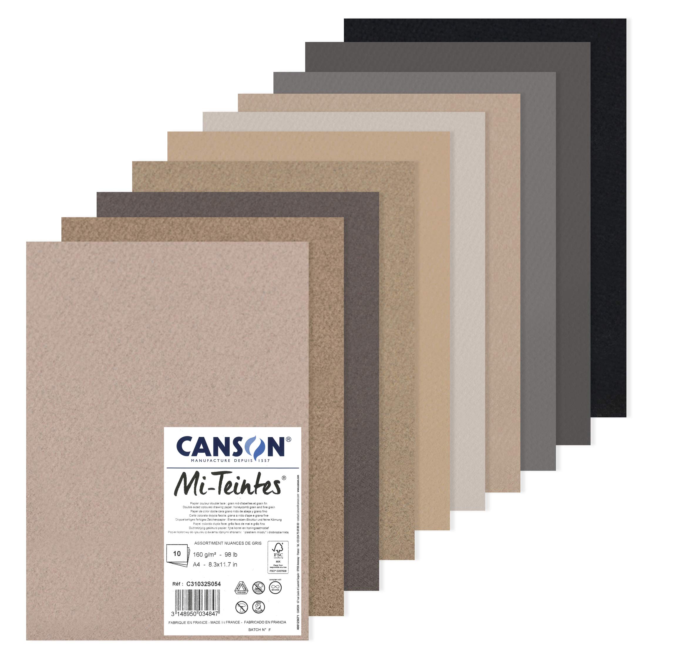 CANSON Mi-Teintes Coloured Drawing 160gsm A4 Paper Pack, Double Sided: Honeycomb & Fine Grain, 10 Grey Colour Sheets, For Professional Artists & Illustrators โ image 1