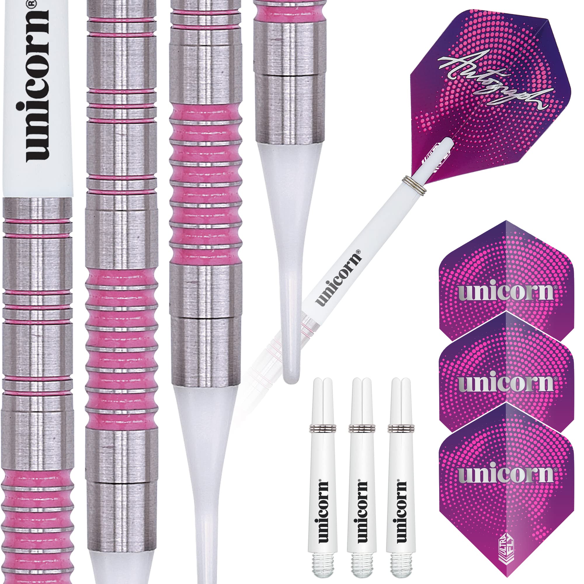Unicorn Soft Tip Professional Darts Set | Autograph Series | 80% Natural Tungsten Barrels with Pink Accents | 19 g