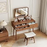 TIMBERKNOWS Wood Vanity with Mirror Light, Three-Drawer Vanity, Three-Color Adjustable Vanity Mirror, Suitable for bedrooms and Dressing Rooms, Walnut Wood