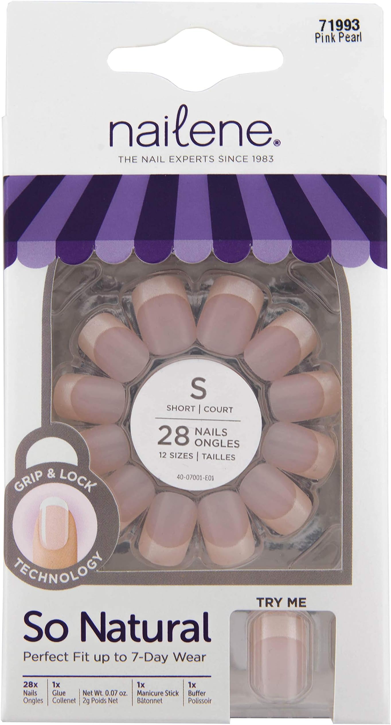 Nailene So Natural Perfect Fit Nails with Tabs and Glue, Short, Pearl French, 28 Nails