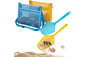 MUYIZI Beach Mesh Shovel with Beach Mesh Bag Beach Shell Bags for Holding Beach Shell, Toys Kids Filter Sand Scooper for Picking Up Shells Shark Tooth Sifter Dipper Beach Toys Accessories