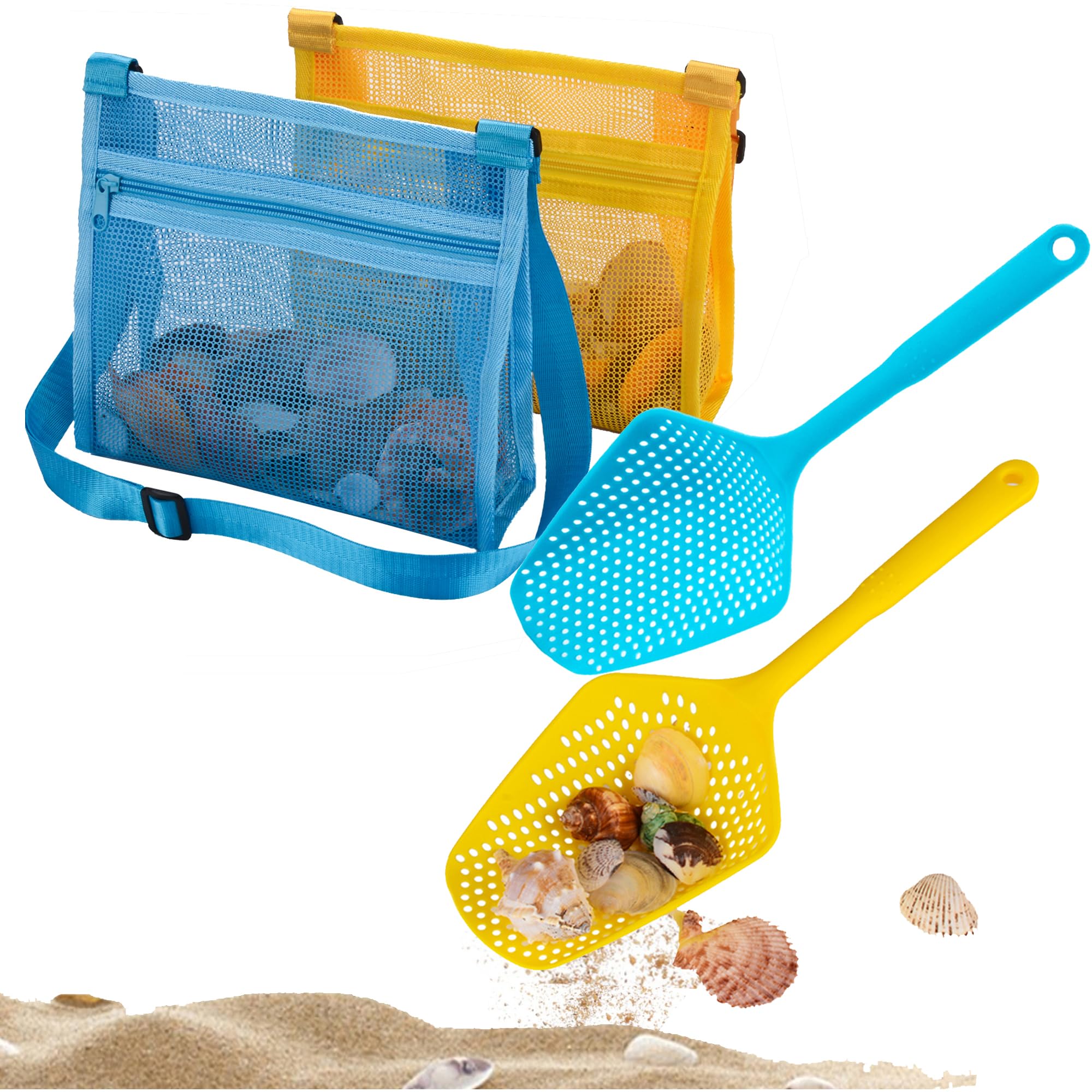 Photo 1 of MUYIZI Beach Mesh Shovel with Beach Mesh Bag Beach Shell Bags for Holding Beach Shell, Toys Kids Filter Sand Scooper for Picking Up Shells Shark Tooth Sifter Dipper Beach Toys Accessories
