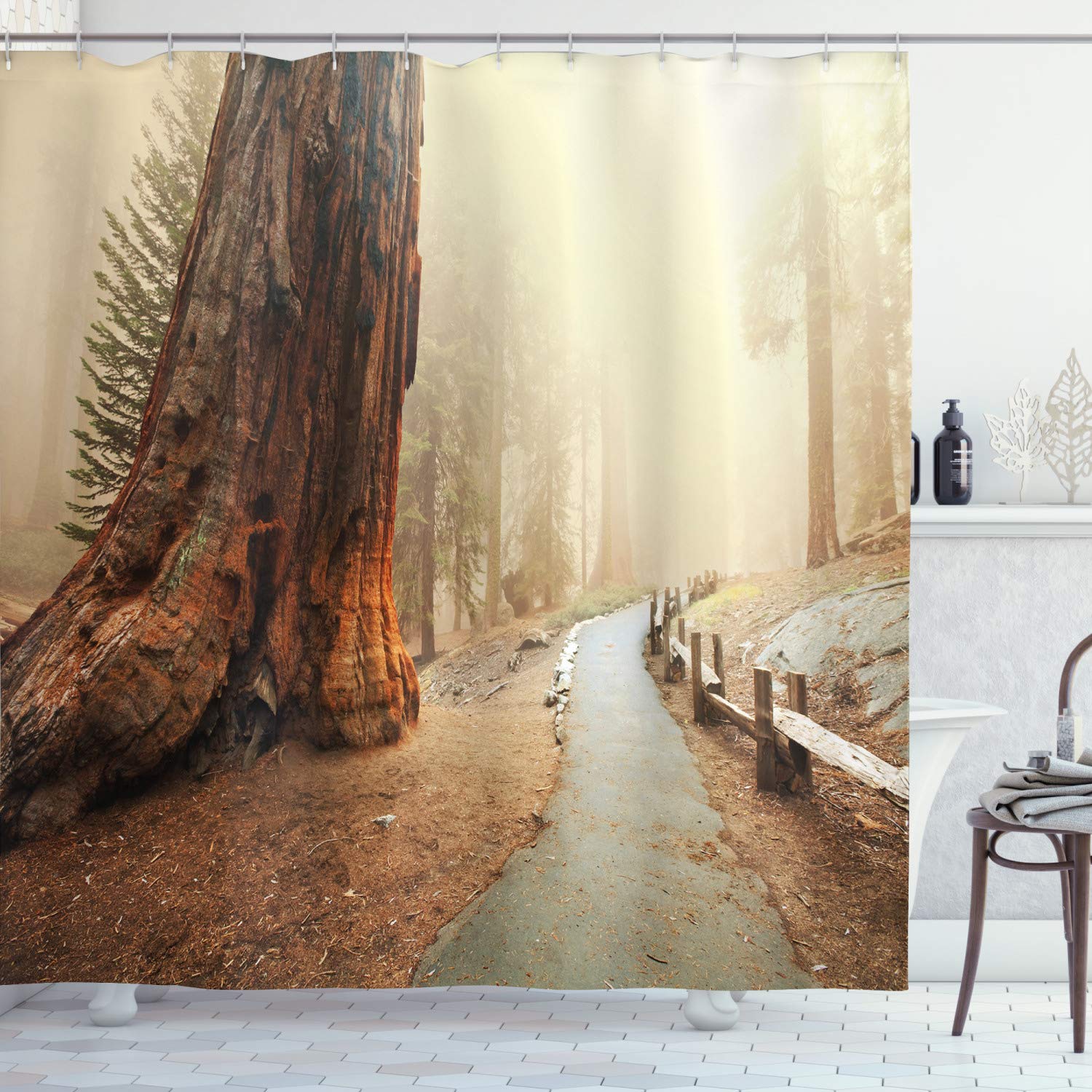 ABAKUHAUS Landscape Shower Curtain, Forest with Serene Giant Tree Body in the Foggy Forest Yosemite Mist Woodland Print, Cloth Fabric Bathroom Decor Set with Hooks, 175 x 200 cm, Brown Beige — image 1