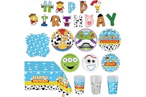 AURORAPARTY 122pcs Birthday Party Decorations Cartoon Plates Napkins Tablecloth Banner Disposable Cups Party Supplies for Boys Girl Birthday Decor for 30 Guests