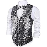 Barry.Wang Mens Sequins Vest Formal/Leisure V-neck Shiny Waistcoat Bowtie Set Prom Party Tuxedo