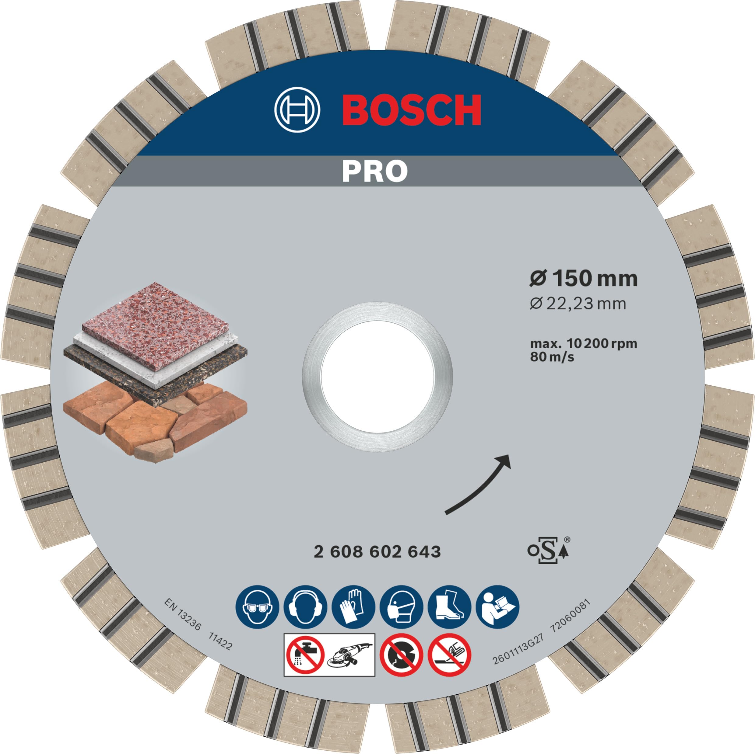 Bosch 1x PRO Stone Diamond Cutting Disc for Bore 22.23 and Large Angle Grinders (for Soft stone, Hard stone, Ø 150 mm, Professional Accessory Large Angle Grinder)