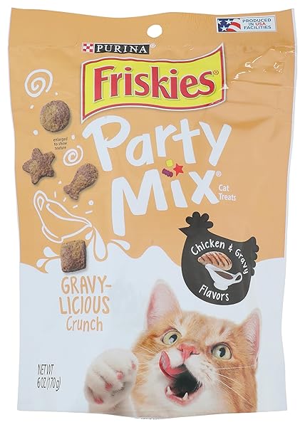PURINA FRISKIES PARTY MIX CHICKEN AND GRAVY CRUNCH CAT SNACK RESEALABLE PEG BAG 6 OZ – 0050000169251