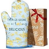 Slohif Funny Oven Mitt Heat Resistant for Women - 1 Pack Blue Cute Novelty Cool Kitchen Oven Mittens with 100% Cotton for Baking and Cooking Accessories (Yellow Flower)