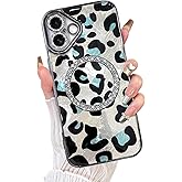 Fiyart Designed for iPhone 16 Plus Case,Compatible with MagSafe Plating Diamond Camera Protection Cheetah Leopard Print Glitter Magnetic for Women Men Shockproof Phone Bumper 6.7"-Black