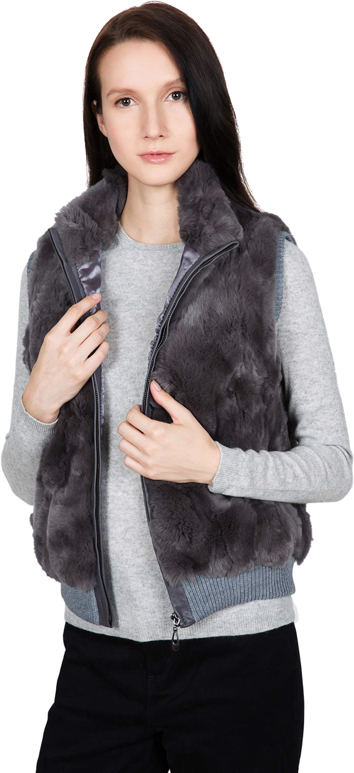 Women's 100% Real Rex Rabbit Fur Vest - Warm Sleeveless Fur Jacket with Zipper and Genuine Leather Accent