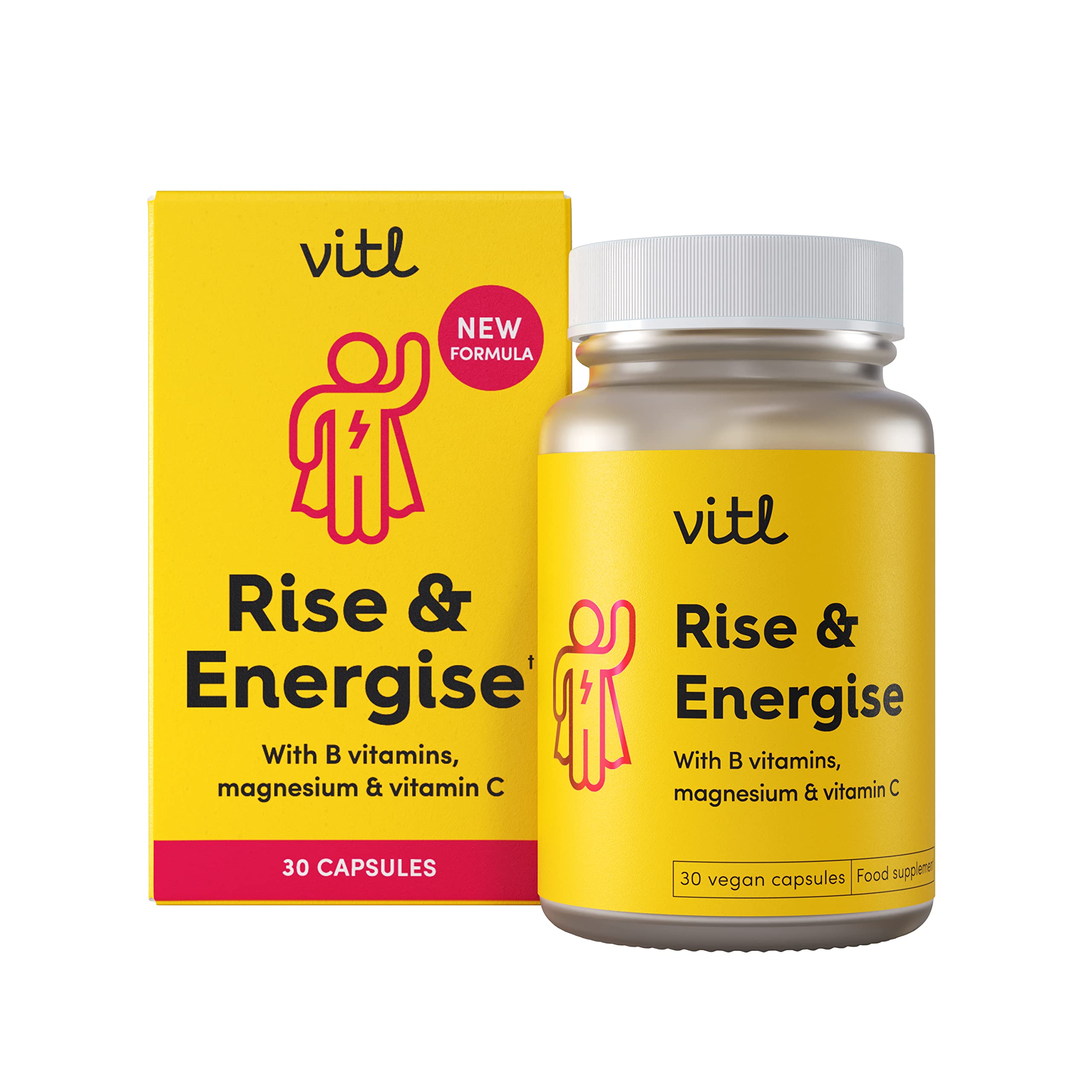 Vitl Rise & Energise Energy Boosting Supplement - 30 Vegan Capsules - with B Vitamins, Vitamin C & Korean Ginseng - Tiredness & Fatigue Fighting Minerals to Normalise Energy Metabolism