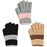 AIMI 3 Pairs Kids Winter Knit Gloves Stretchy Full Finger Fluffy Warm Mittens for Children Toddler Girls 5-10 Years