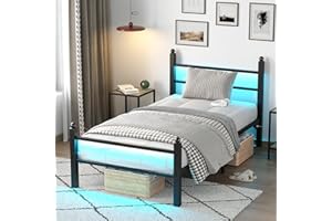 CollaredEagle Twin Bed Frame with Headboard and Footboard, Metal Bed Frame with Charging Station and LED Lights, Under Bed Storage, No Box Spring Needed,Noise Free, Black
