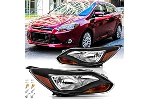 SAFAUTOPARTS Headlights Assembly with Bulbs for 2012 2013 2014 Ford Focus (3rd Gen Pre-Facelift) Halogen Headlamps Replacement Driver and Passenger Side Pair (LH RH),Black Housing Amber Reflector
