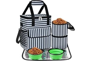 NECKORY Dog Travel Bag for Camping - Pet Travel Accessories with 2 Collapsible Bowls, 2 Food Containers & Waterproof Feeding Mat - Portable Dog Carrier, Stripe (Small)