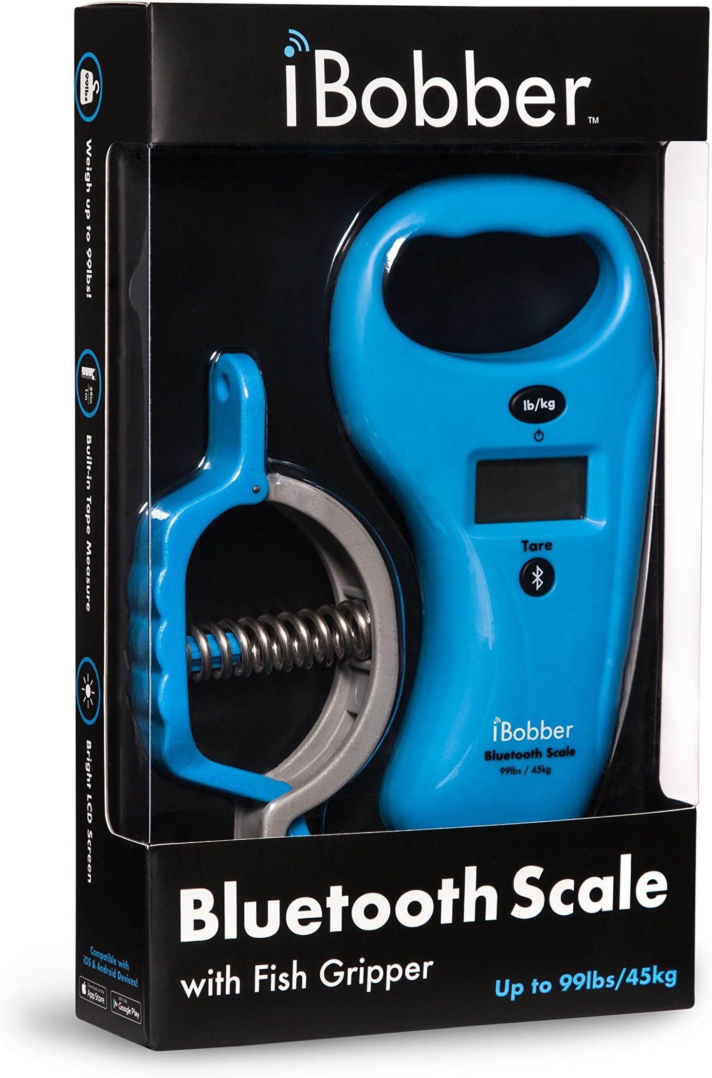 iBobber Bluetooth Digital Fish Scale with Built-in Tape Measure up to 39”, Max Weight of 99 LB/45 KG, Incredibly Simple to Use with Free App (Fish Gripper Included)