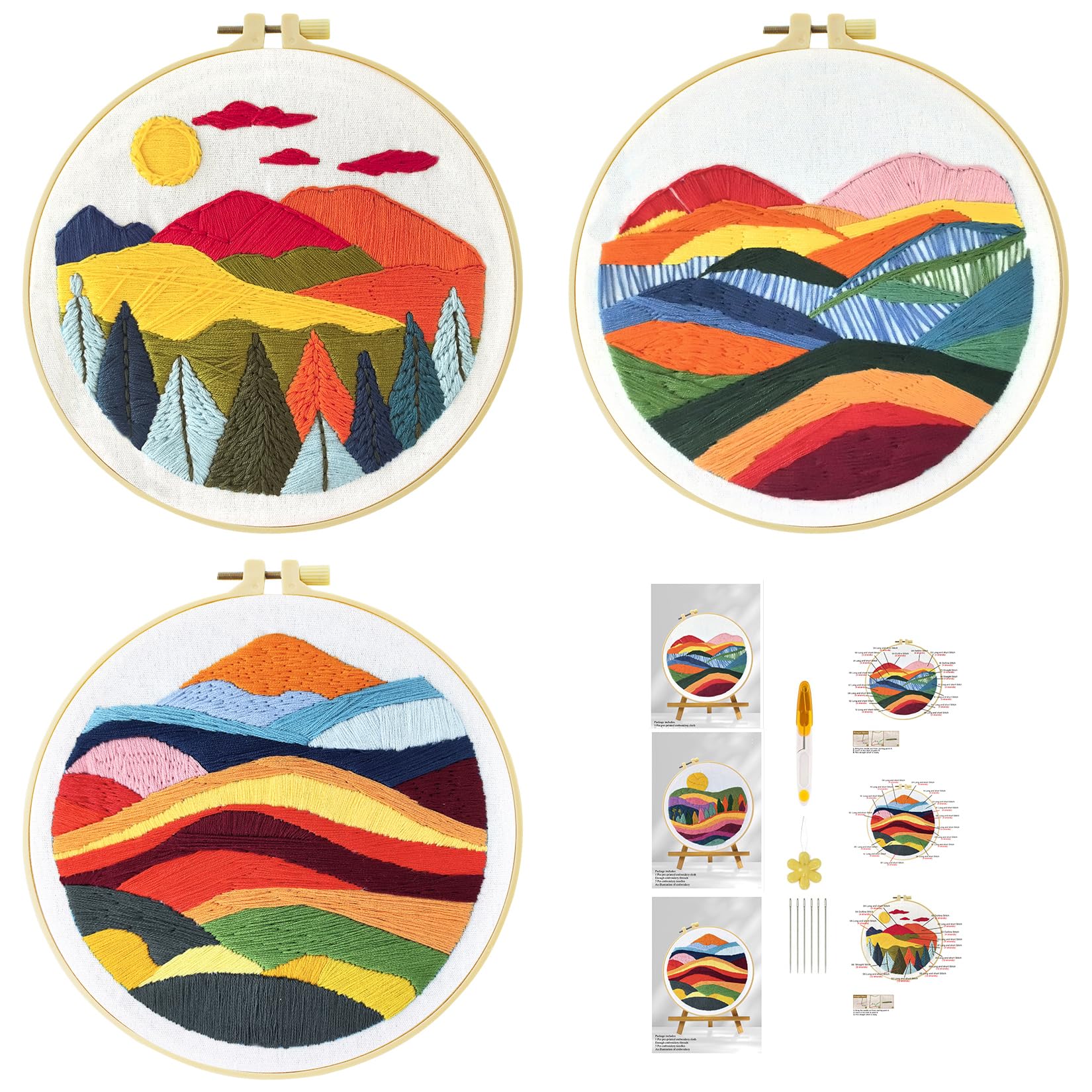 51buyoutgo 3 Set Embroidery Kits for Beginners Adults - Advanced Embroidery Starter Kit with Stamped Fabric, Easy Mountain Landscape Pre Printed Cross Stitch Patterns Crafts Gifts for DIY Home Decor