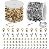 2 Rolls Paperclip Chains for Permanent Jewelry Making, 32.8ft Silver and Gold Stainless Steel Chain with Lobster Clasp, Open Jump Ring & Opener Tool Kit for Jewellery Charm DIY Bracelet Necklace Craft