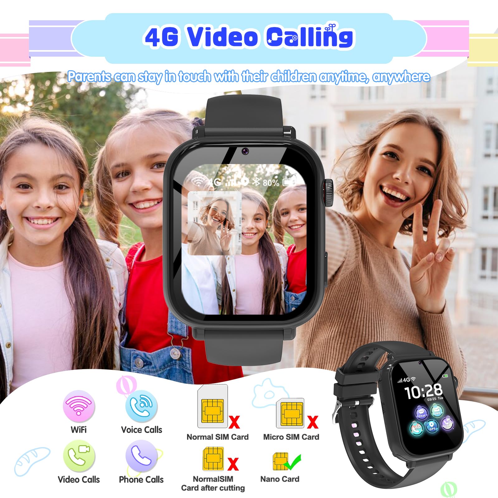 Ucani 4G Kids Smart Watch Boys Girls, Kid GPS Tracker Watch Phone Video Call Wifi Position School Mode Pedometer SOS Games,Birthday Toy Gifts for 6-15 Years Old,Black