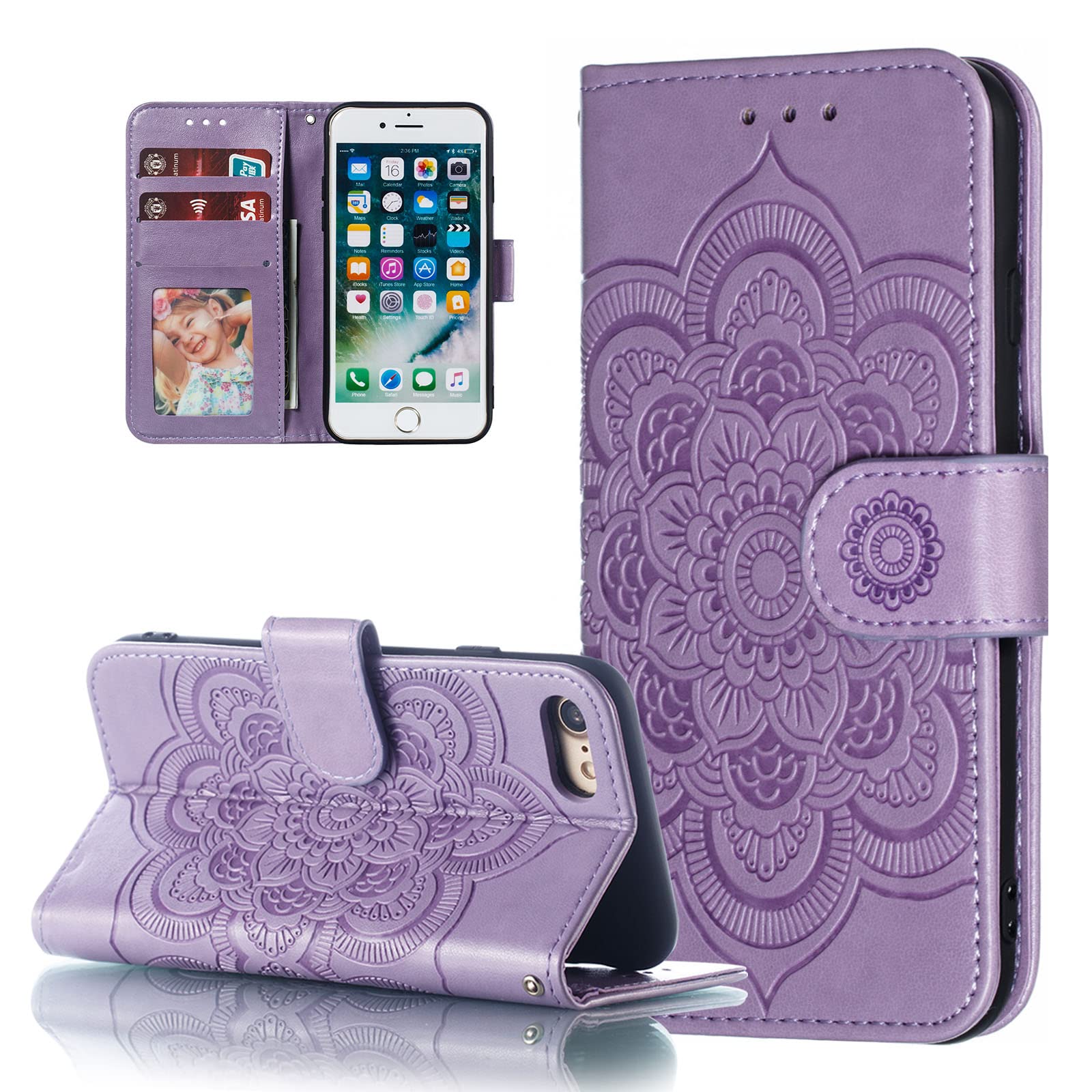 EYZUTAK Case for iPhone XR, Premium Flip Wallet Phone Case PU Leather Mandala Embossed Design Shockproof Cover with Kickstand Card Holder Protective Case - Purple