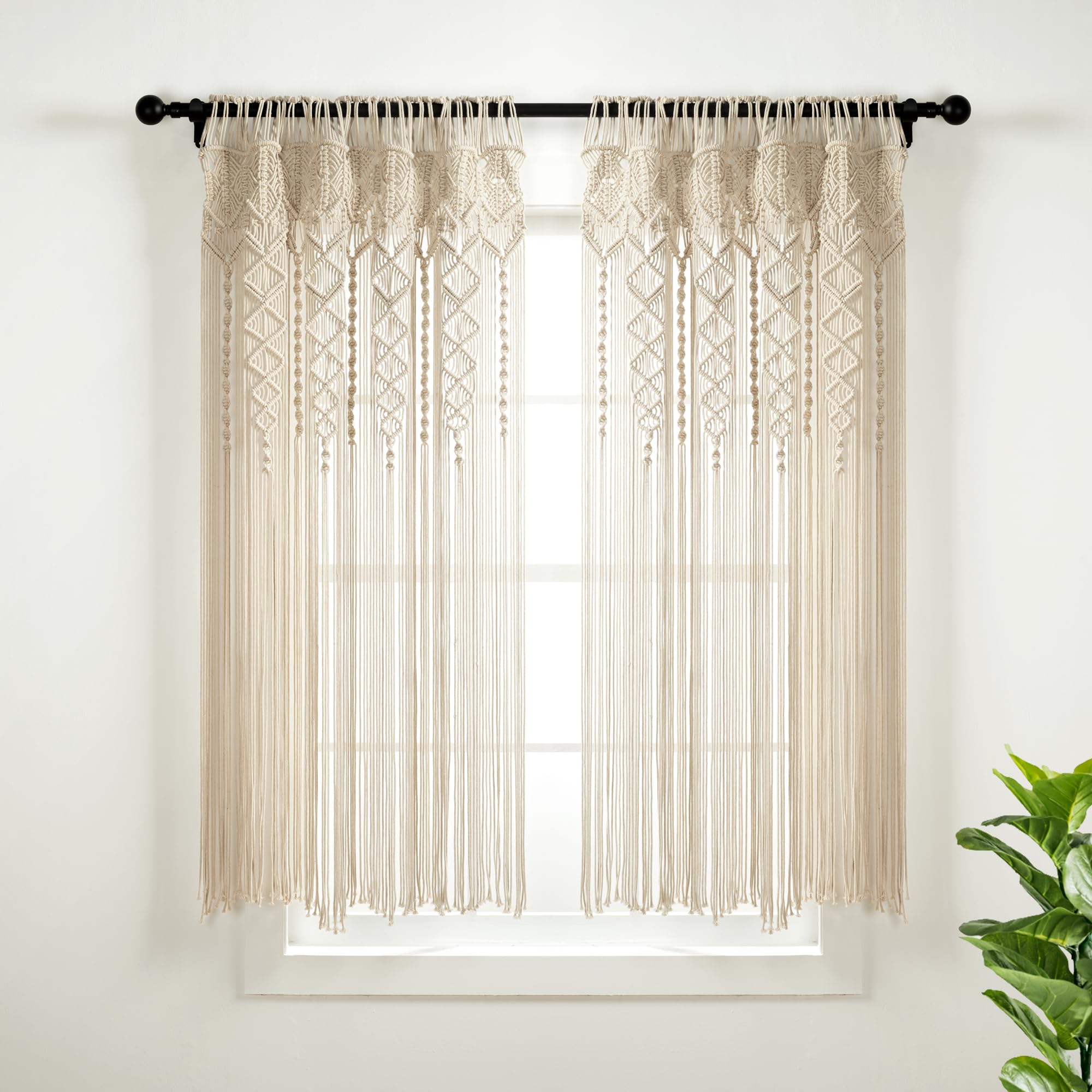 Photo 1 of Lush Decor Boho Macrame Textured Cotton Window Curtain Panel, Single Panel, 40" W x 63" L, Neutral - Doorway Room Divider - Wedding Or Wall Decor - Boho Macrame Curtain